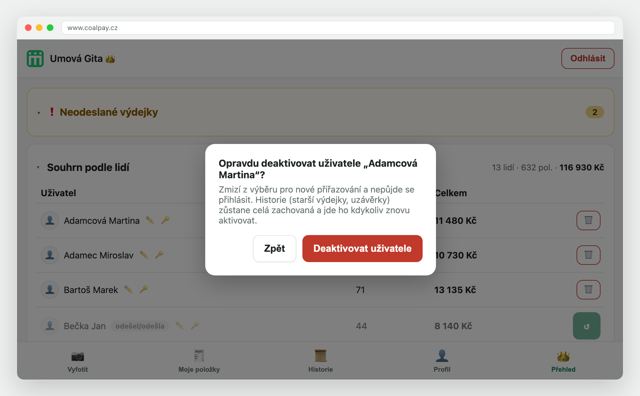 Potvrzení deaktivace uživatele
