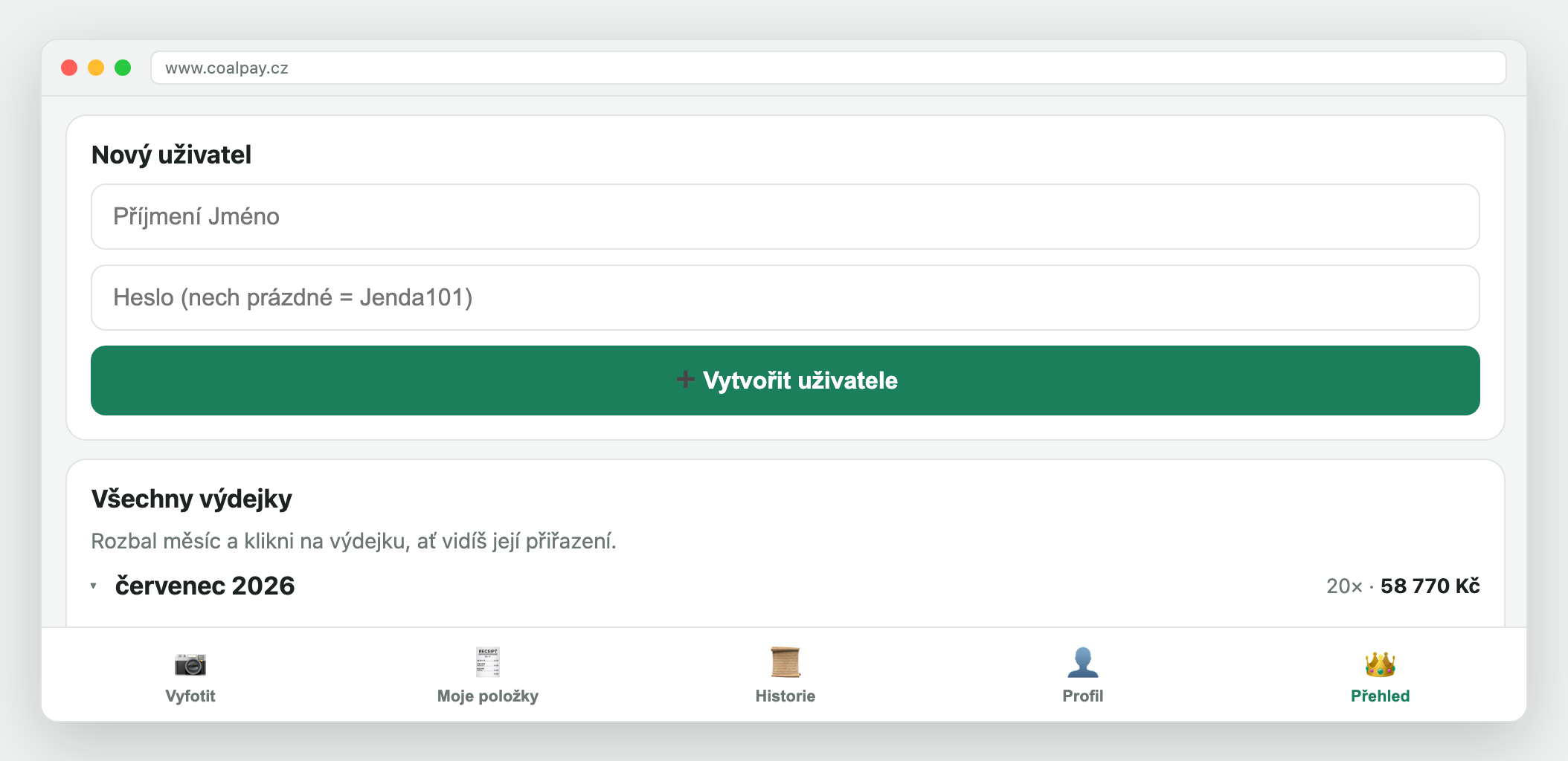 Formulář na založení nového uživatele