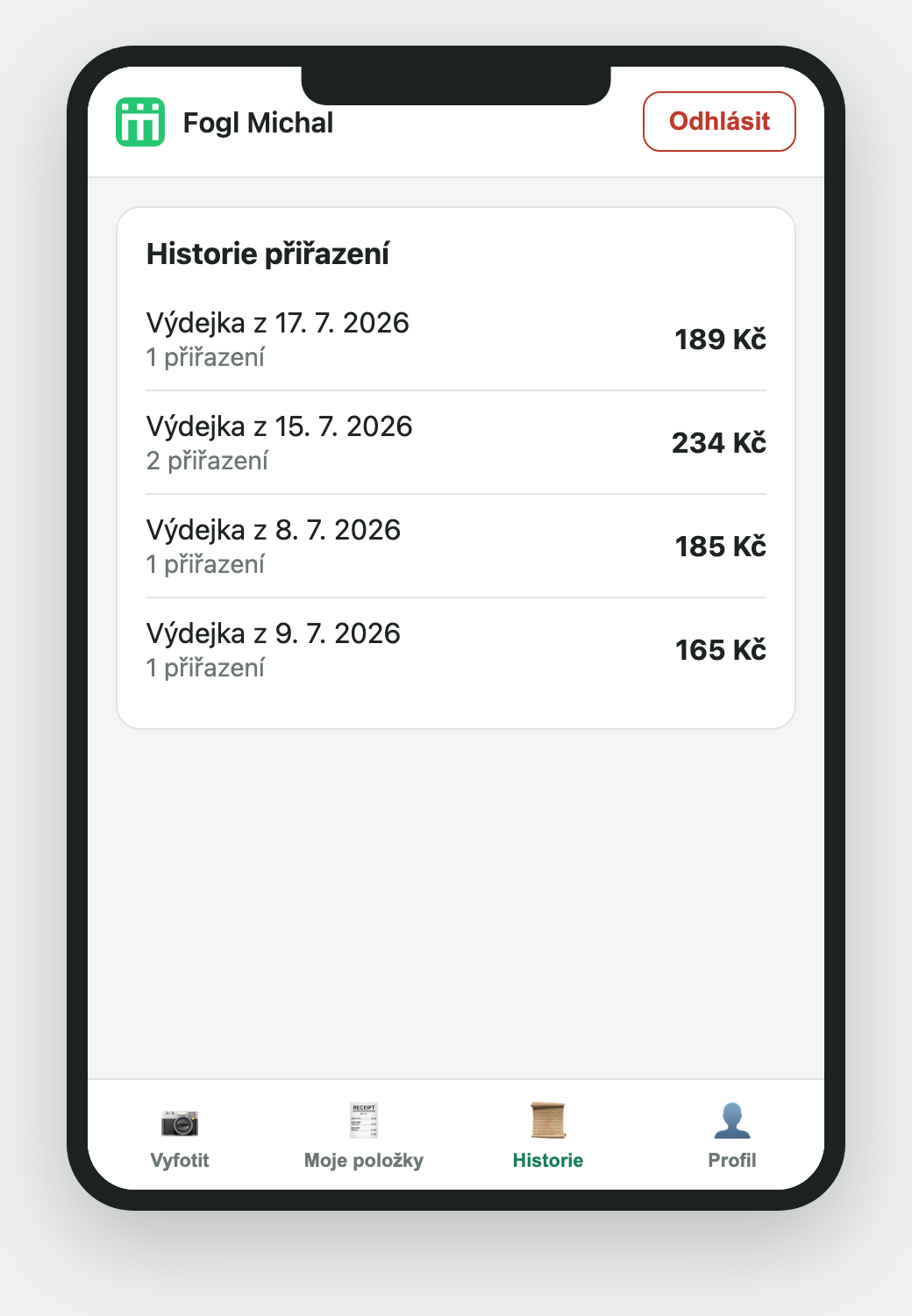 Záložka Historie