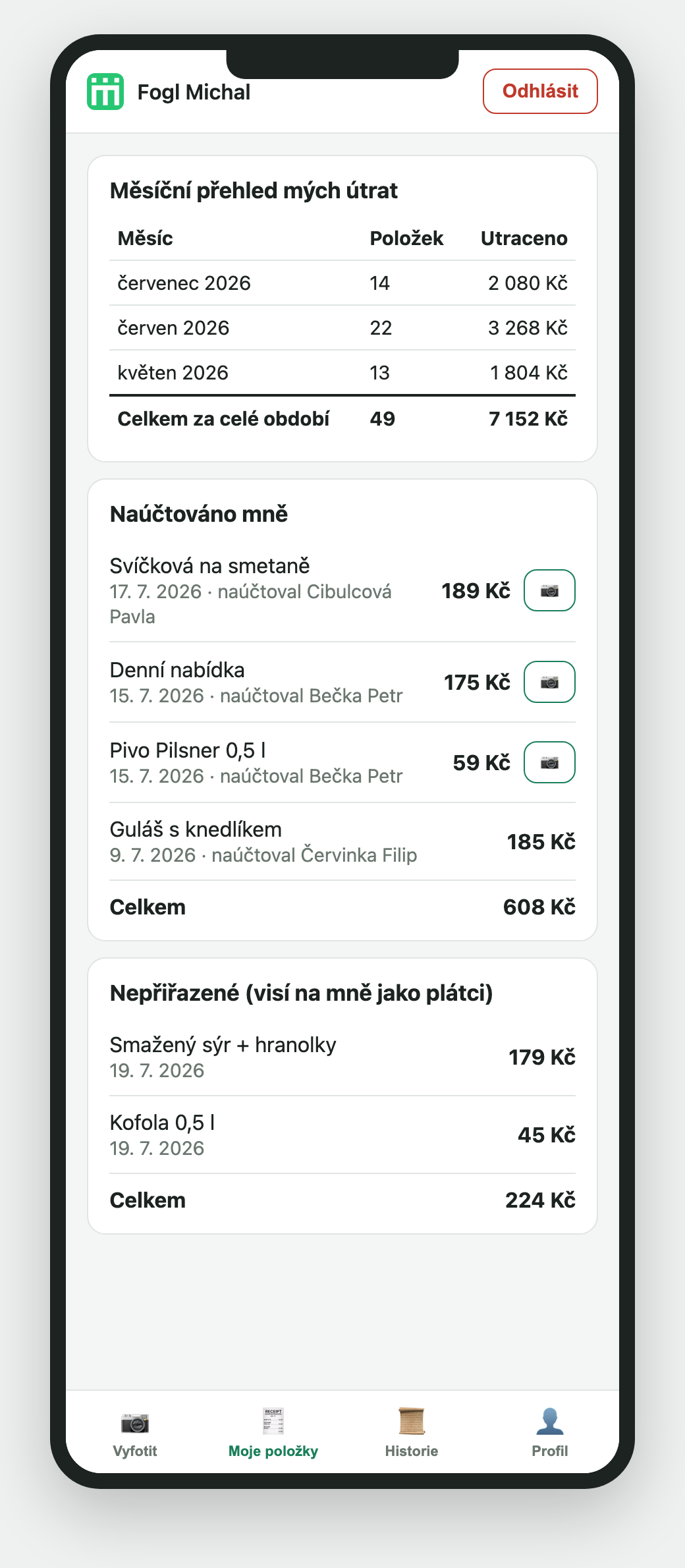 Záložka Moje položky