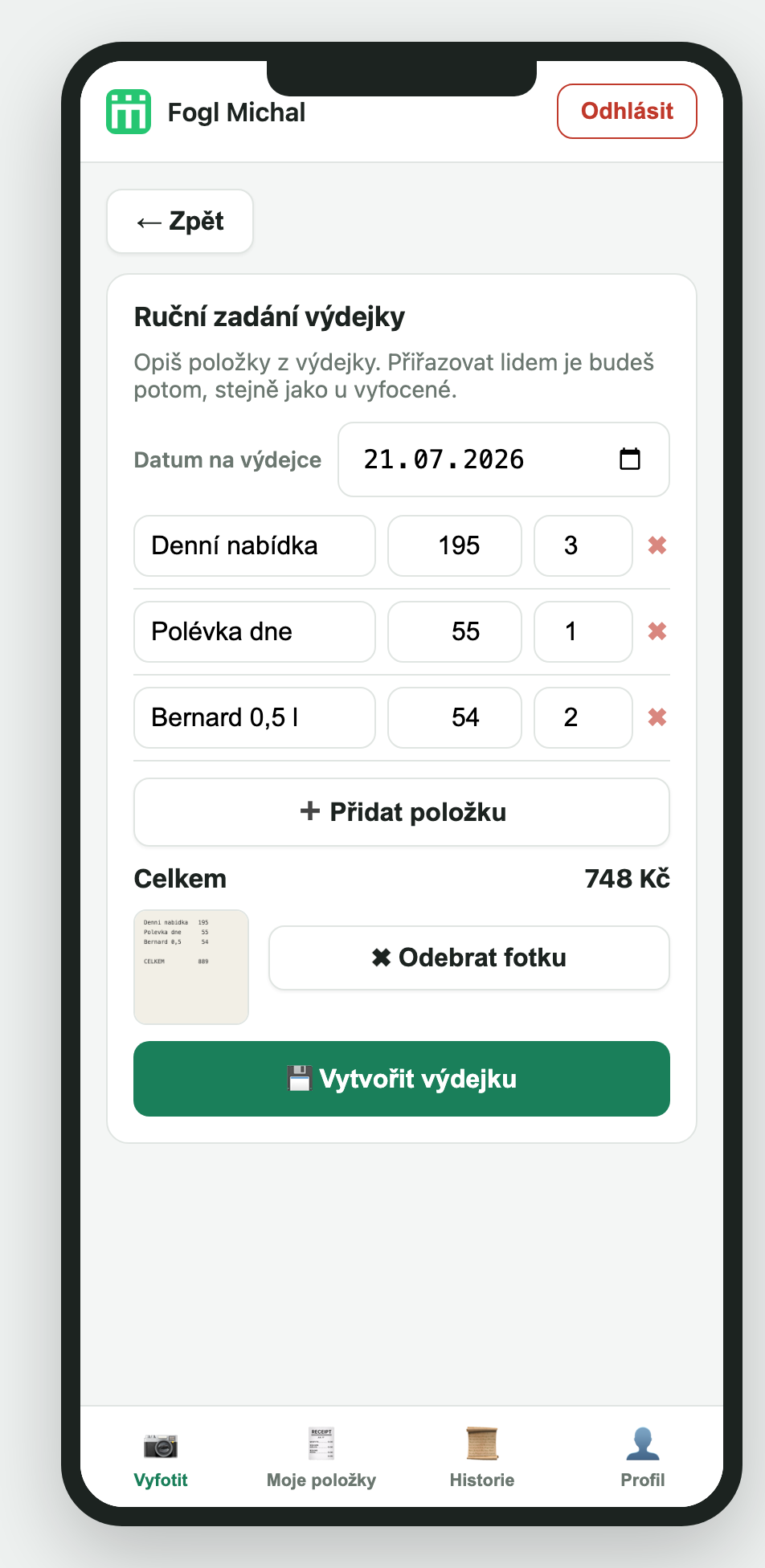 Ruční zadání s přiloženou fotkou dokladu