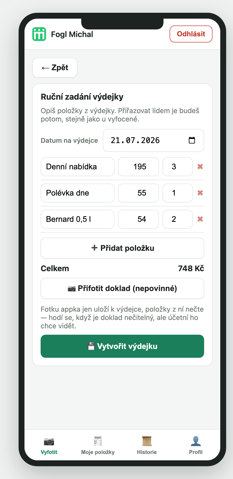 Formulář na ruční zadání výdejky