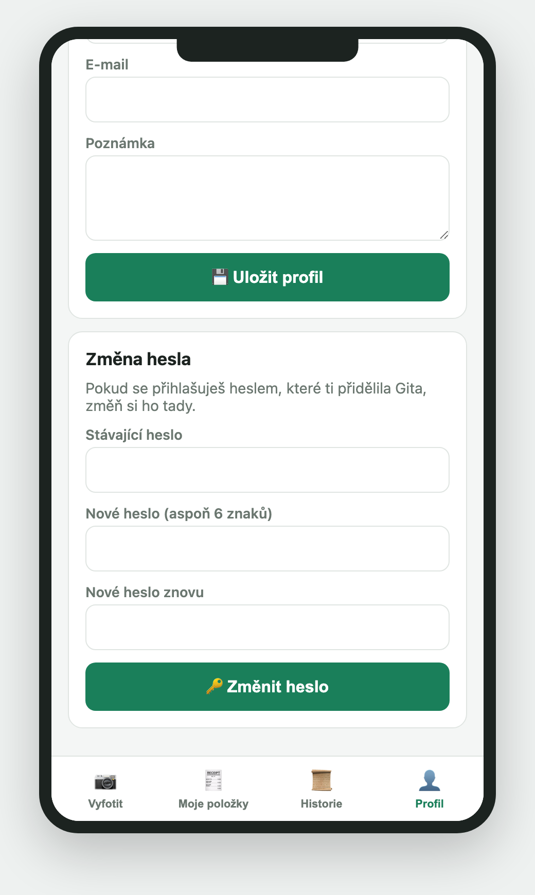 Formulář na změnu hesla