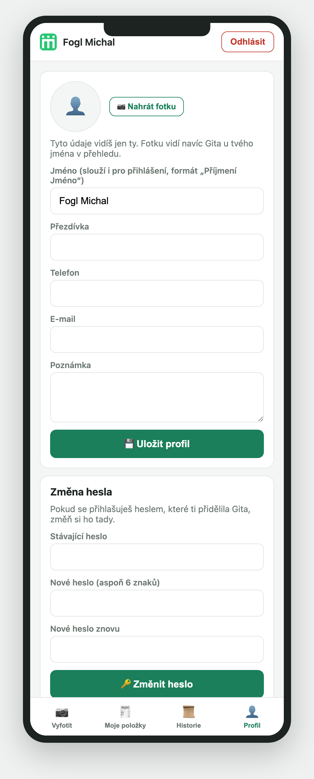 Záložka Profil