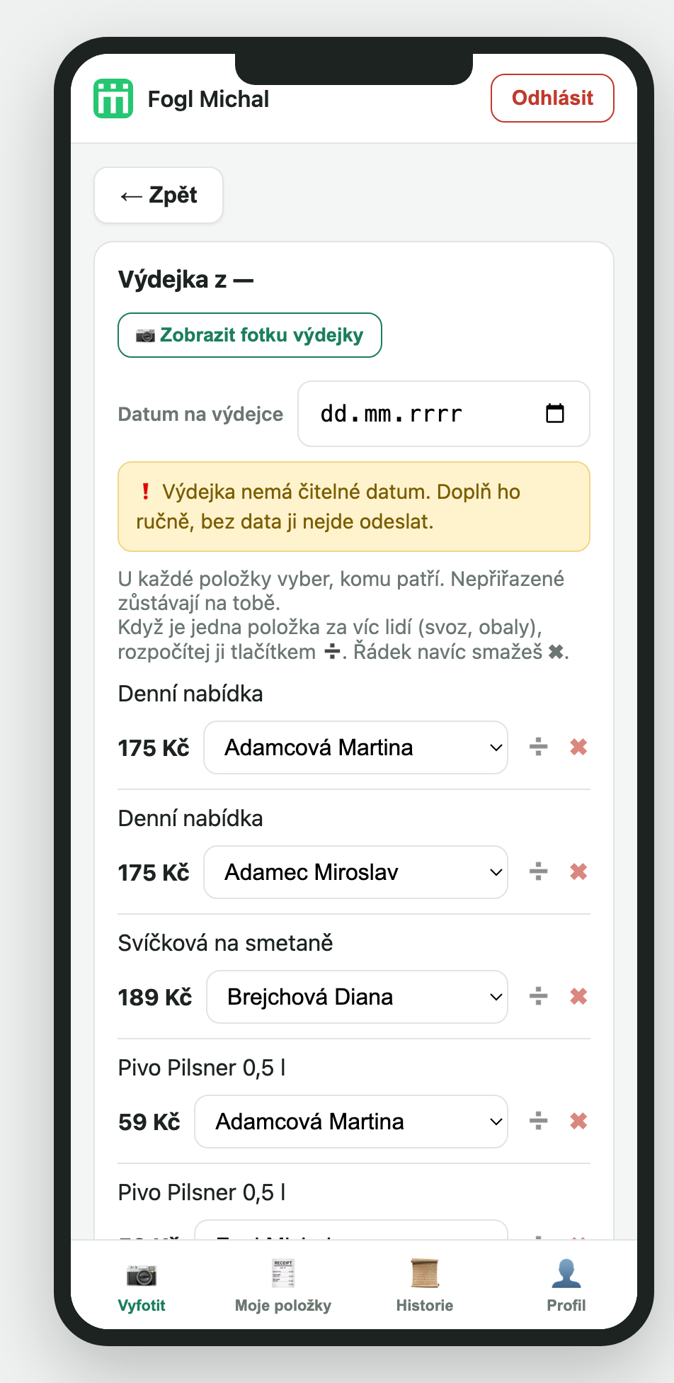 Chybějící datum blokuje odeslání