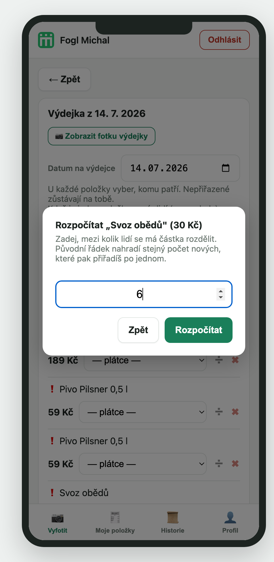 Dialog s dotazem, mezi kolik lidí rozpočítat