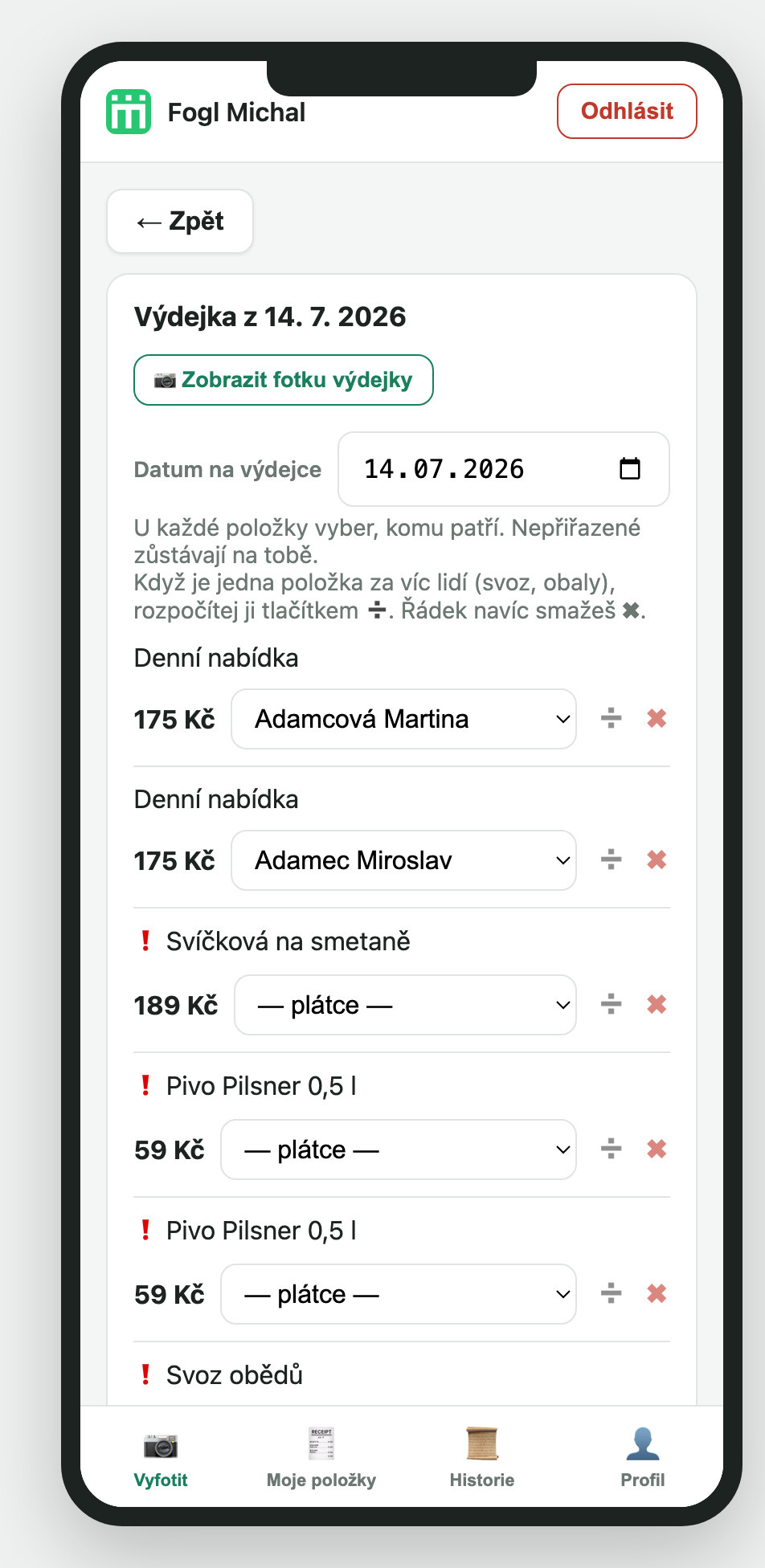 Výdejka s nepřiřazenými položkami
