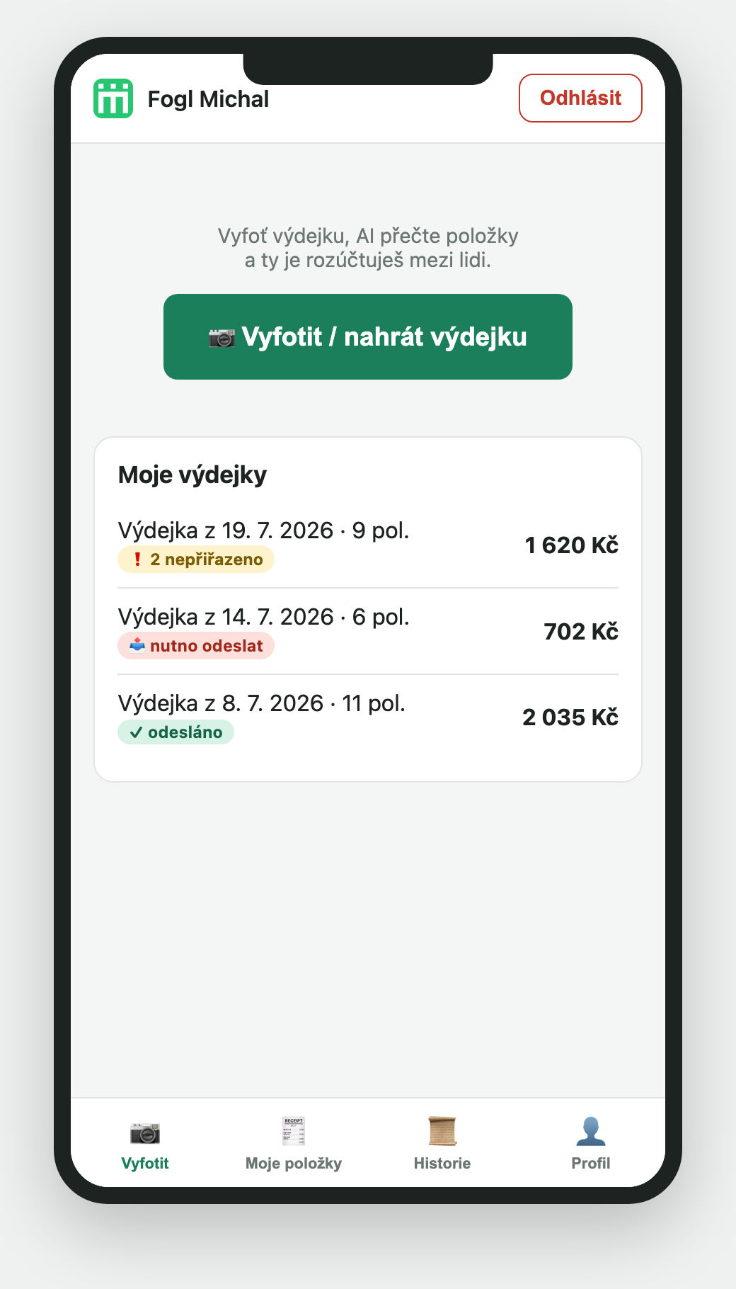 Záložka Vyfotit se seznamem mých výdejek
